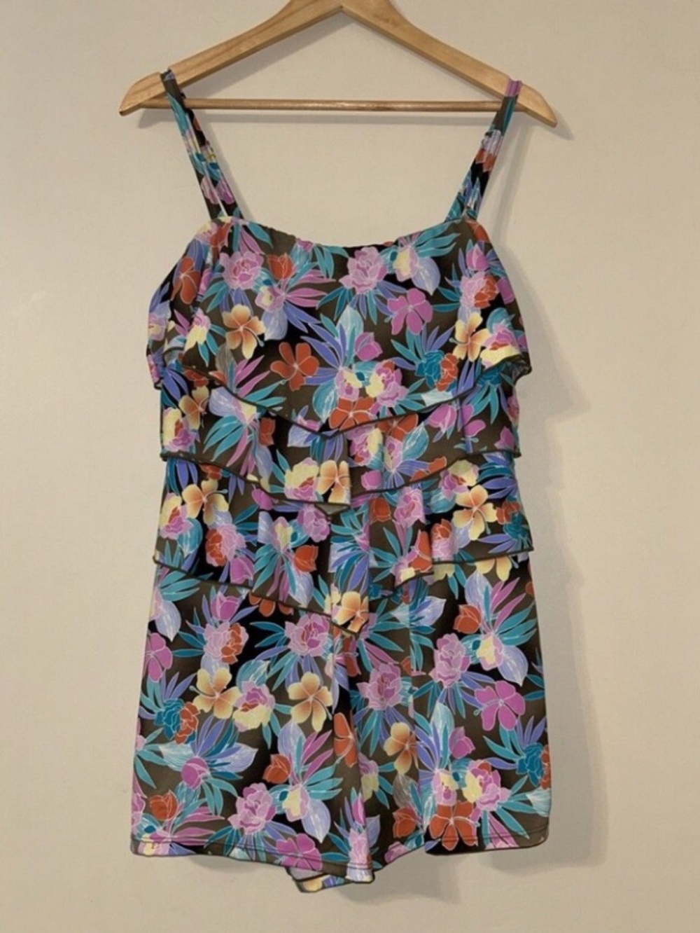 Fit 4U Swim Romper Size 16 Tired Midsection Bathing Suit Dark Floral Swimsuit